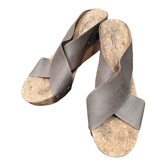 Lucky Brand Womens Beige Crisscross Stretch Cork Wedge Sandals Sz 10M Pl… - Picture 1 of 12